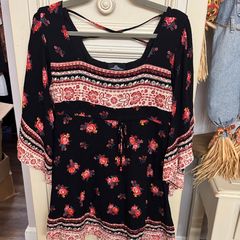 Angie Black Tunic with Red and Cream Floral Borders